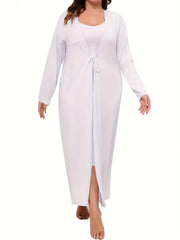 Solid Round Neck Cami Dress & Long Sleeve Tie Front Robe Pajama Set