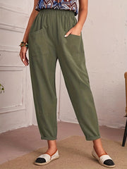Ruched Elastic Waist Pants Solid Casual Pocket Front Pants
