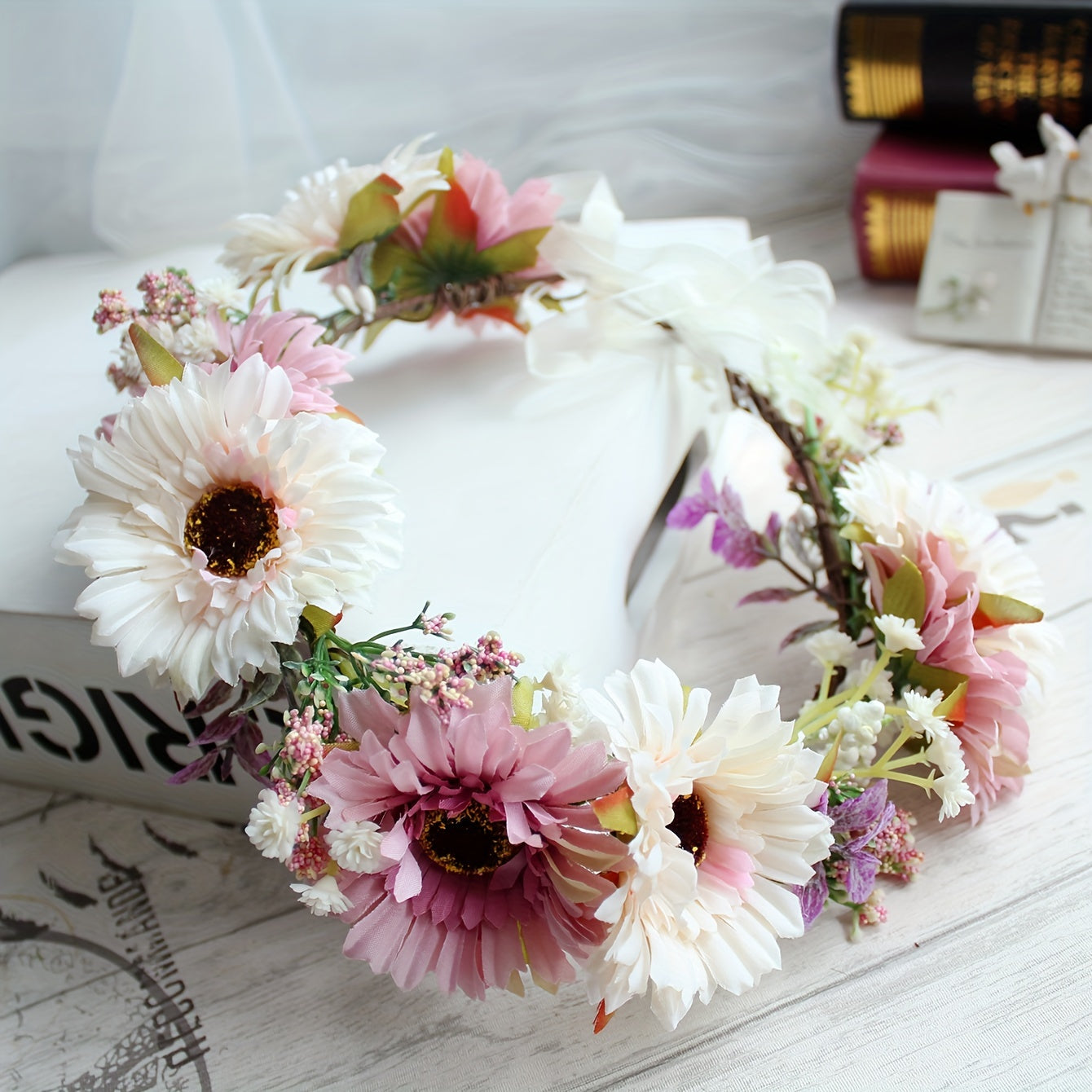 Boho Bride Crown Headband Large Sunflower Floral Headscarf Bridal Headpiece