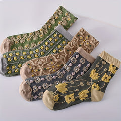 5 Pairs 3D Floral Textured Comfy Mid Tube Socks Women's Stockings