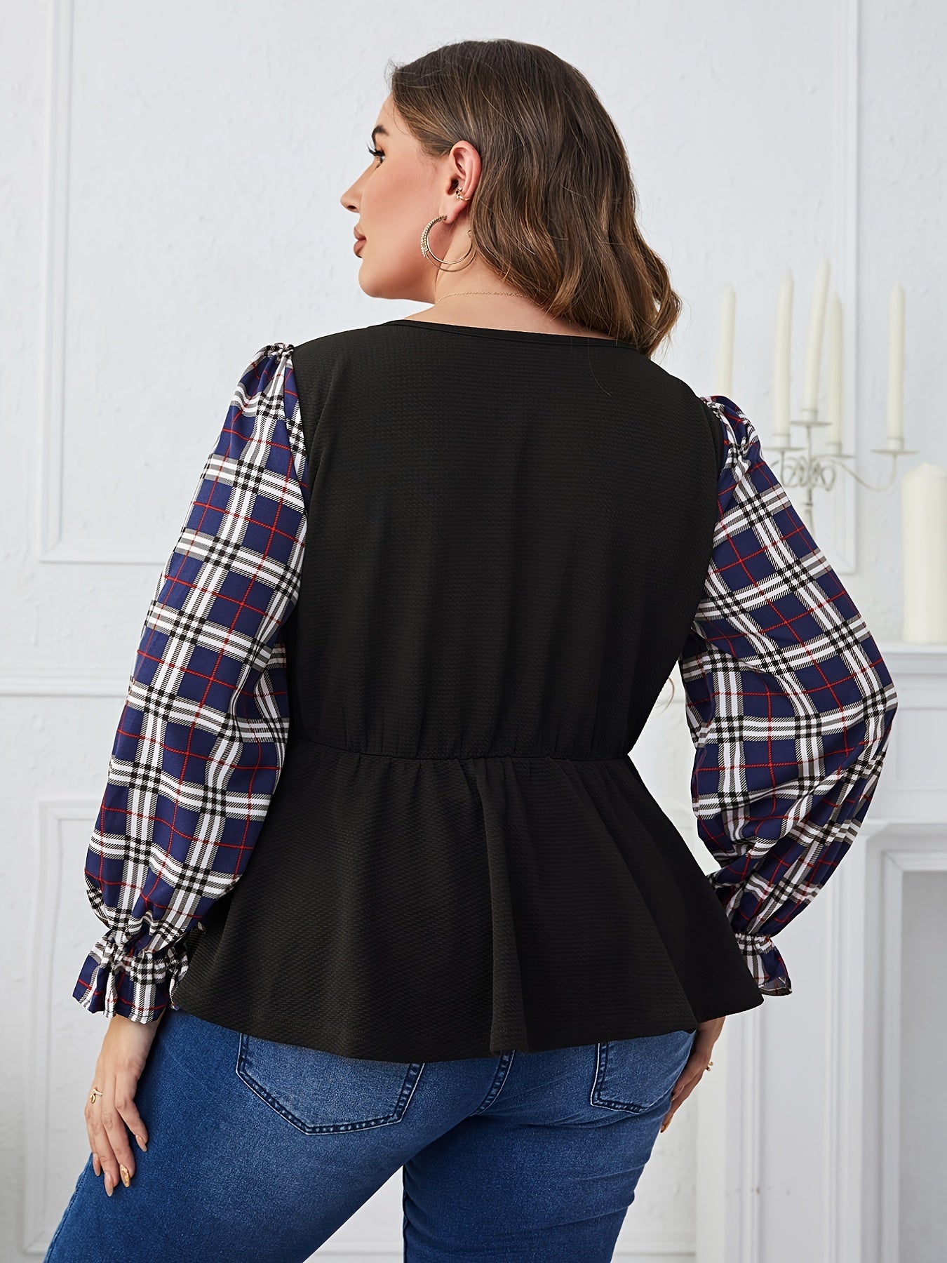 Plaid Print Long Sleeve Square Neck Top Women's Plus Size