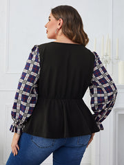 Plaid Print Long Sleeve Square Neck Top Women's Plus Size