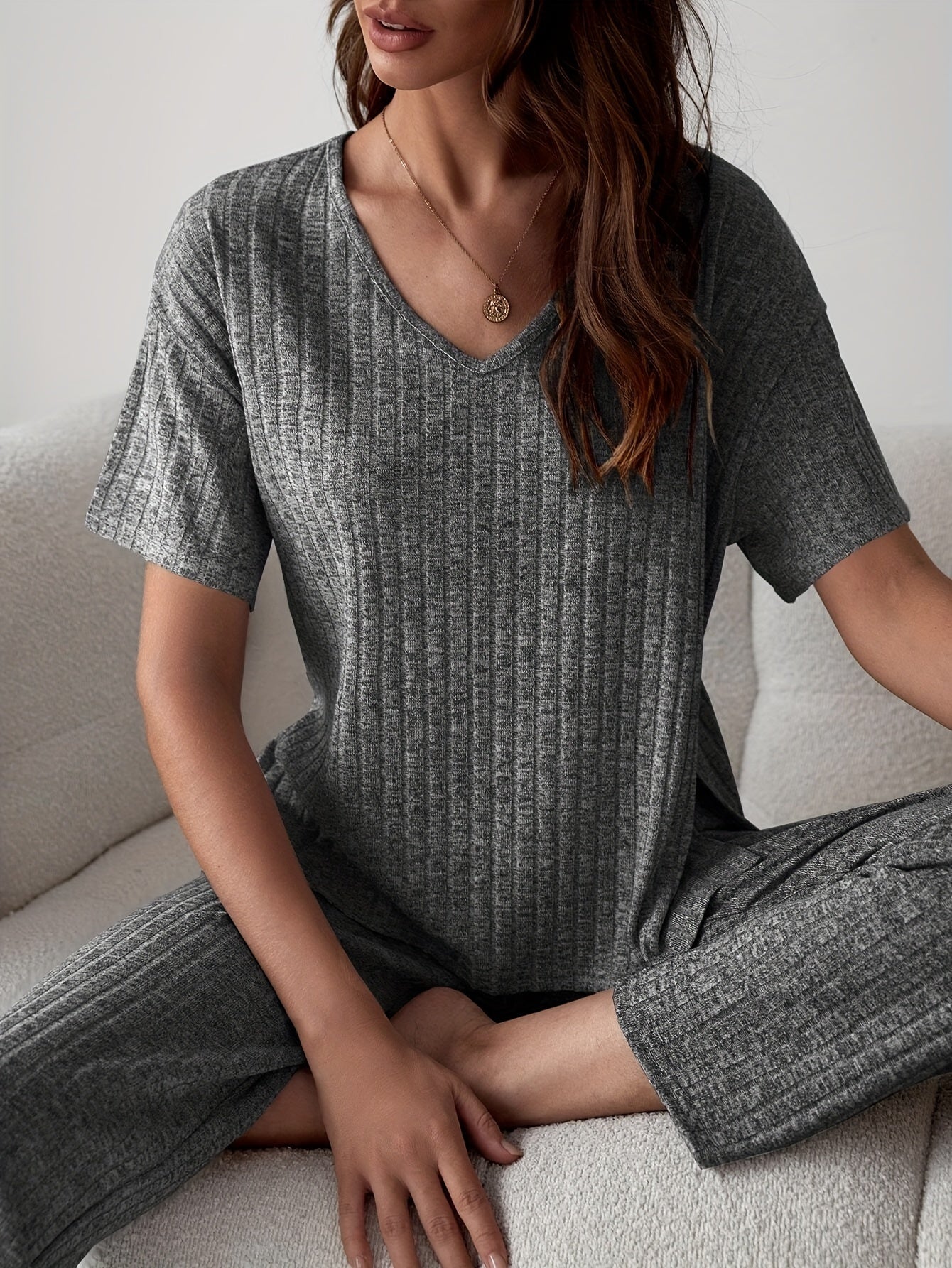 Plus Size Ribbed Short Sleeve V Neck Top & Pants Set