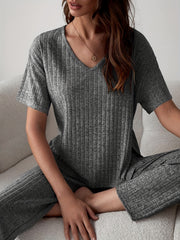Plus Size Ribbed Short Sleeve V Neck Top & Pants Set