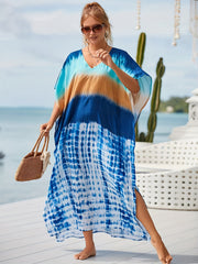 Tie Dye V Neck Kaftan Cover Up Dress Loose Fit Maxi Length Beach Coverup