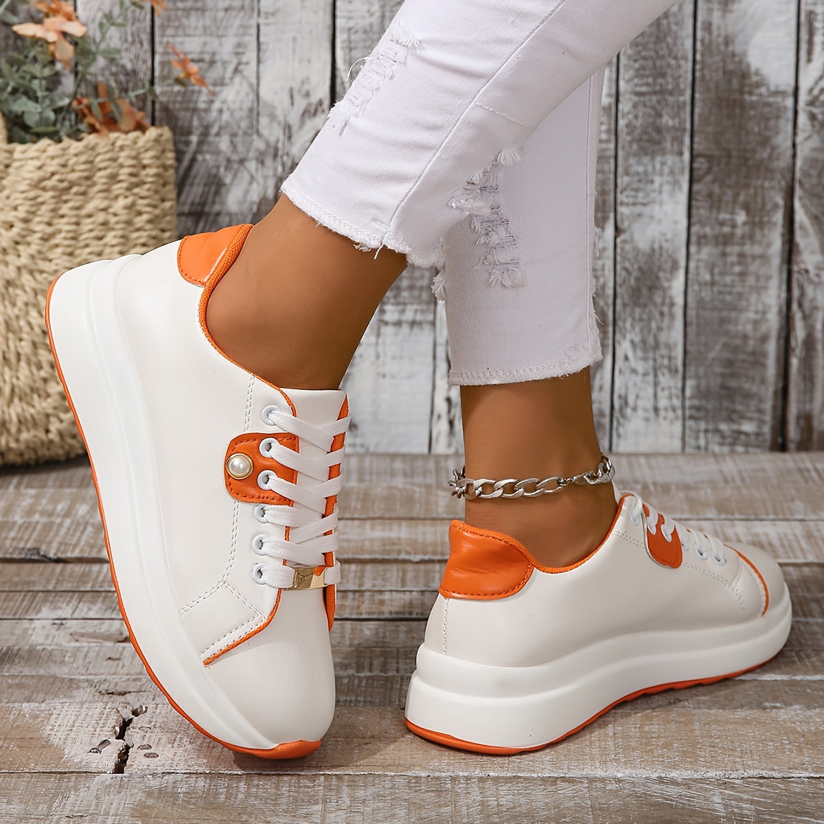 Pearl & Metal Decor Thick Sole Skate Shoes