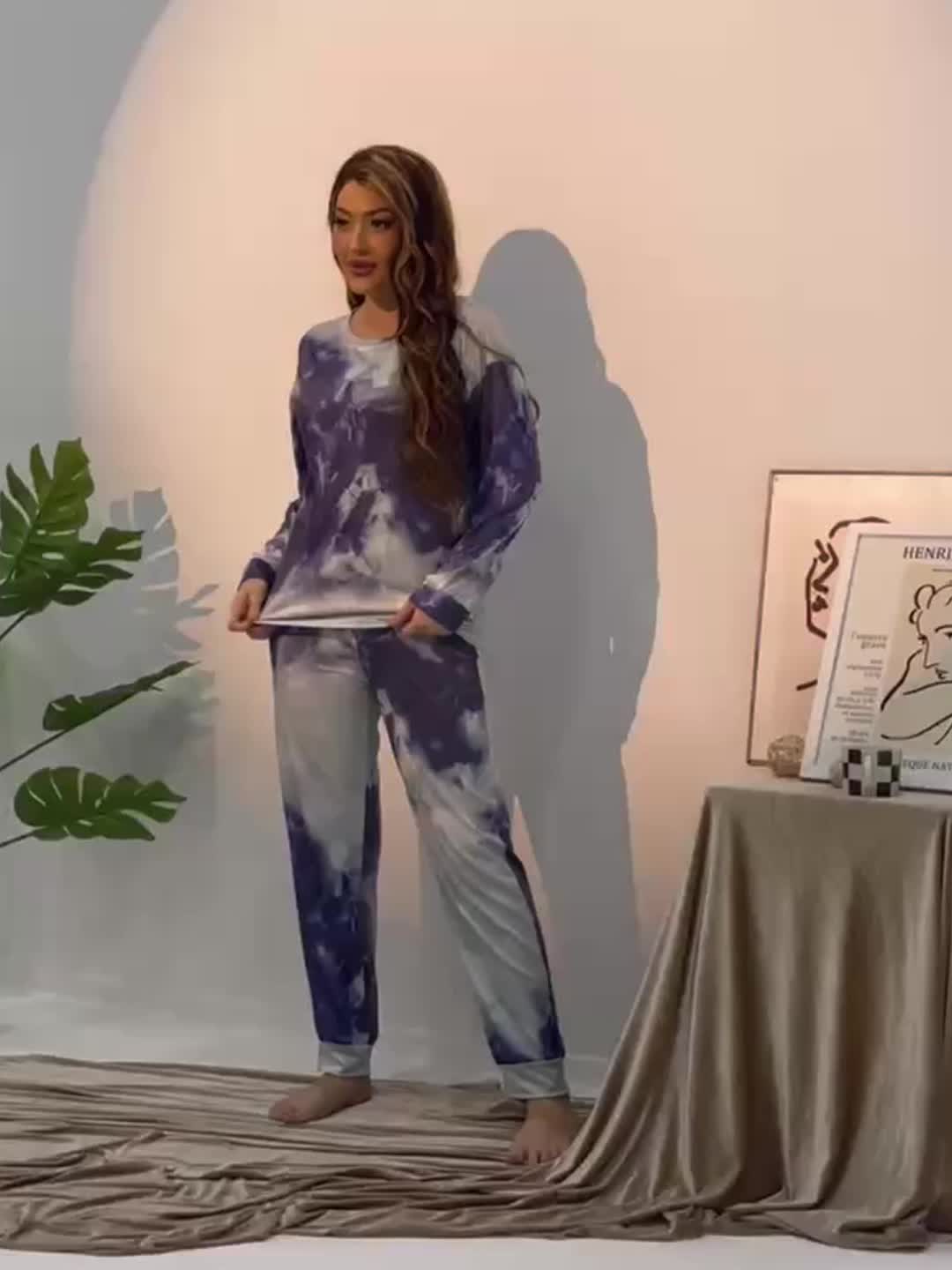 Tie Dye Print Loungewear Set Long Sleeve Top & Pants