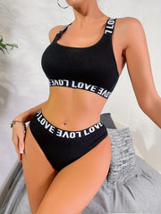 Letter Print Bra & Panties Set Criss Cross Back Women's Lingerie