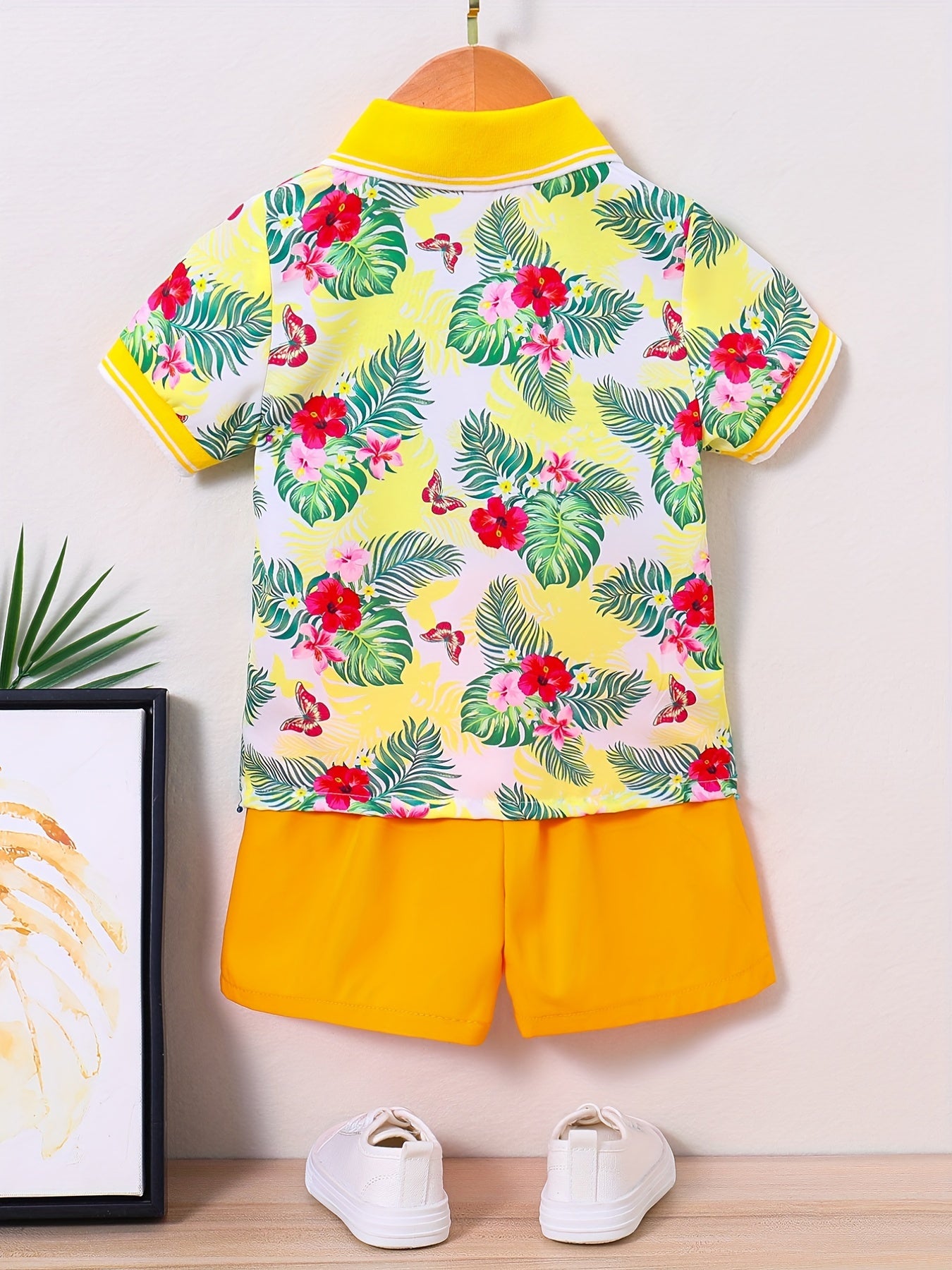 Boys Hawaii Tropical Leaf Print Shirt&Shorts Set, Summer Kids Clothing