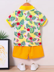 Boys Hawaii Tropical Leaf Print Shirt&Shorts Set, Summer Kids Clothing