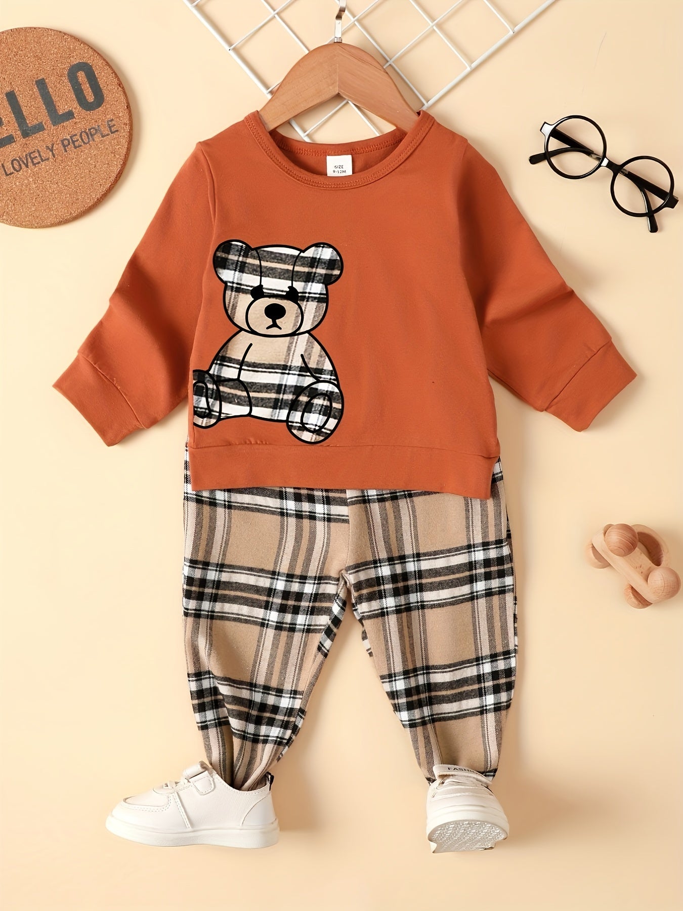 Baby Boys Cartoon Bear Tops Plaid Trousers Set Kids Clothes