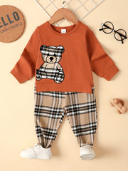 Baby Boys Cartoon Bear Tops Plaid Trousers Set Kids Clothes
