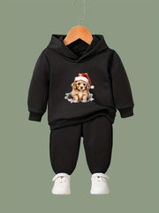 Girls Dog Santa Hat Pattern Hooded Sweatshirt Sweatpants Set