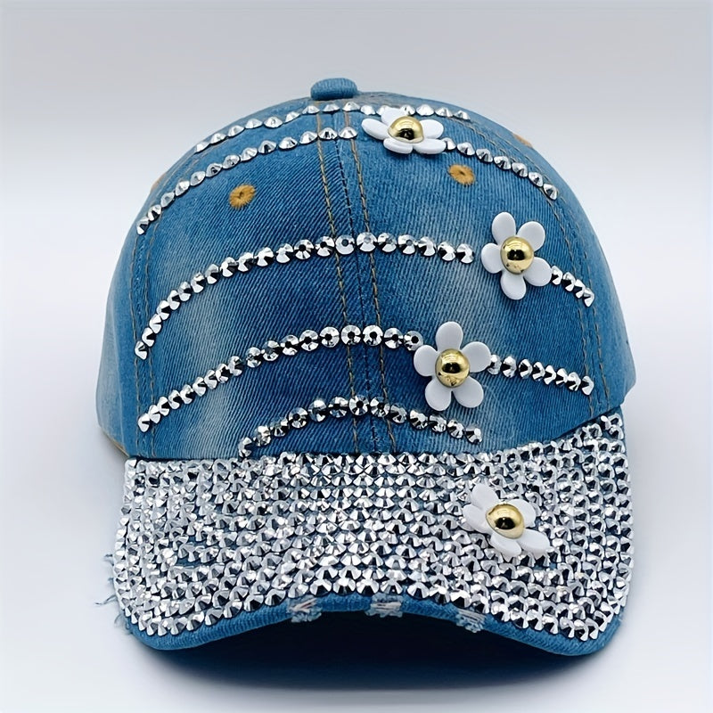 Rhinestone Flower Decor Baseball Cap Washed Distressed Denim Sun Hat