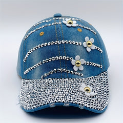 Rhinestone Flower Decor Baseball Cap Washed Distressed Denim Sun Hat