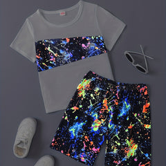 Boys Graffiti Print T-shirt & Shorts Set - Summer Casual