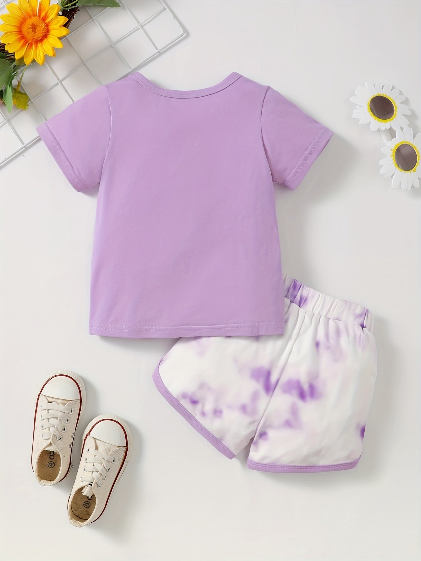 2pcs Toddler Girls Cotton T Shirts Top & Tie Dye Contrast Shorts Set