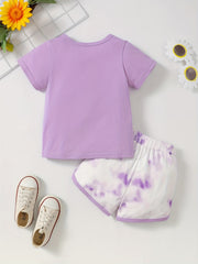 2pcs Toddler Girls Cotton T Shirts Top & Tie Dye Contrast Shorts Set
