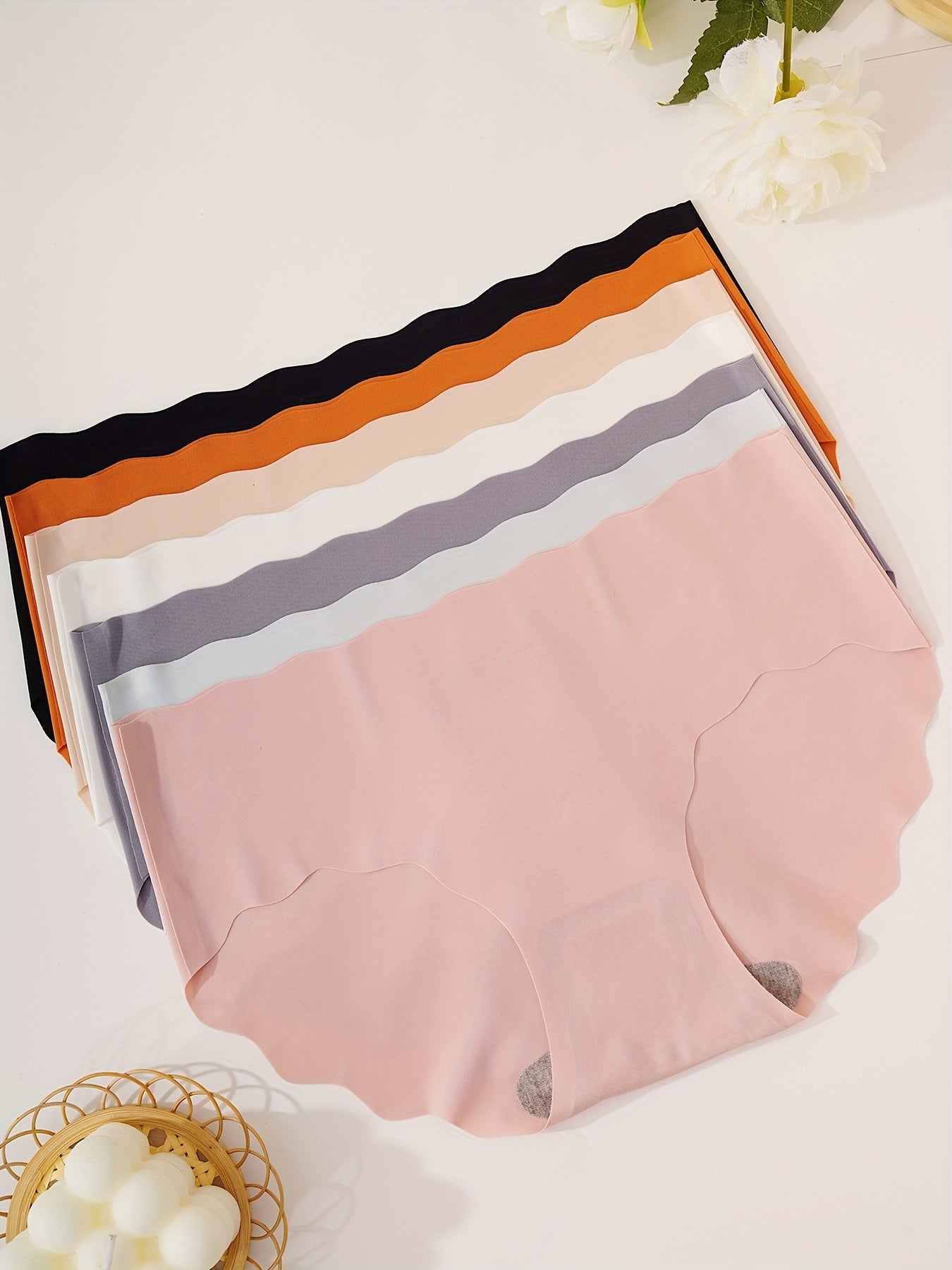 7pcs Seamless Scallop Trim Briefs Solid Panties Women's Lingerie