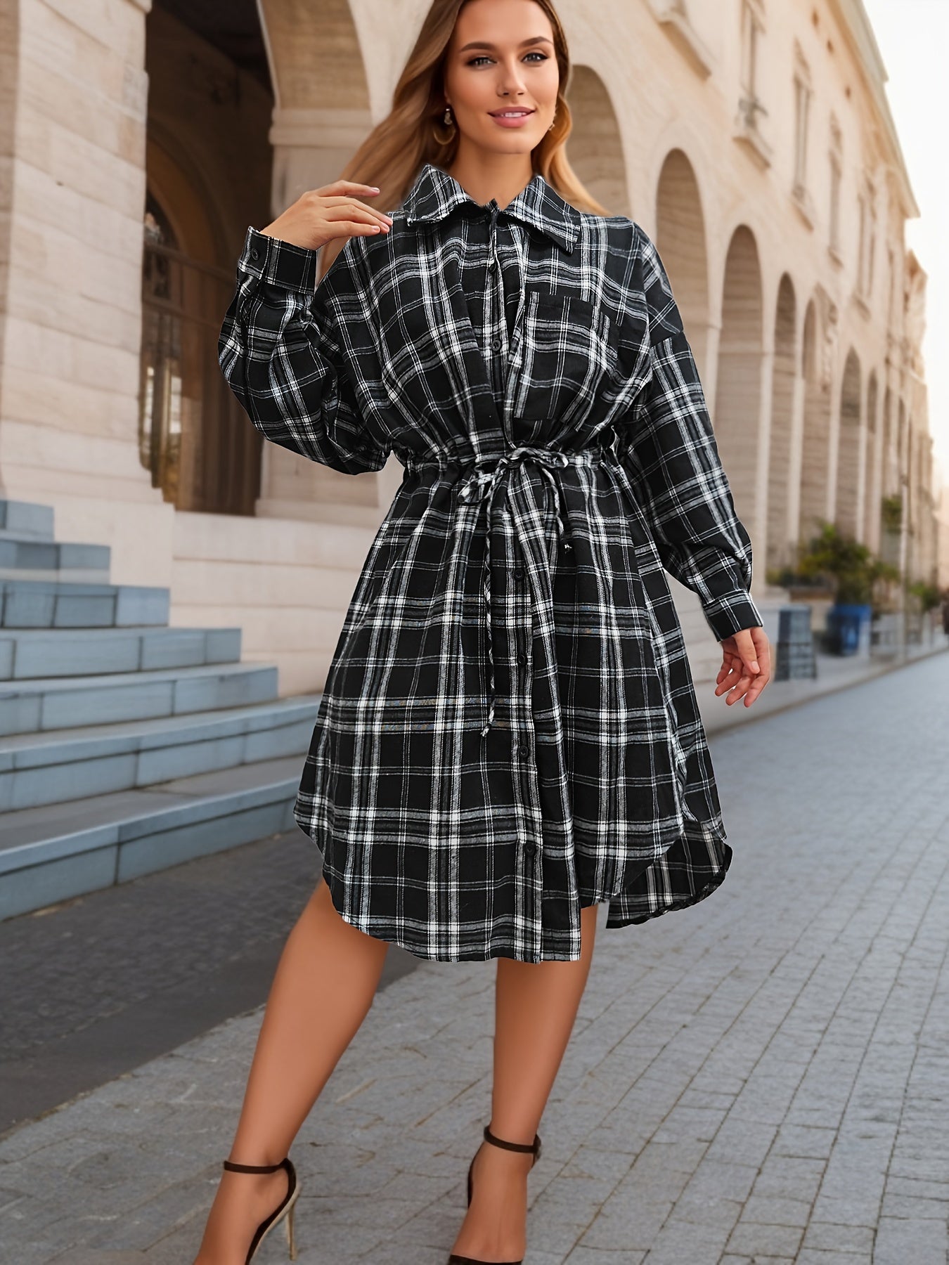 Women's Plus Size Plaid Button Up Long Sleeve Shirt Dress