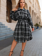 Women's Plus Size Plaid Button Up Long Sleeve Shirt Dress