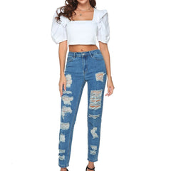 High Waisted Distressed Slim Fit Denim Pants