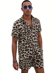 Leopard Print Men's 2Pcs Outfits Camp Collar Button Up Shirt & Shorts Set