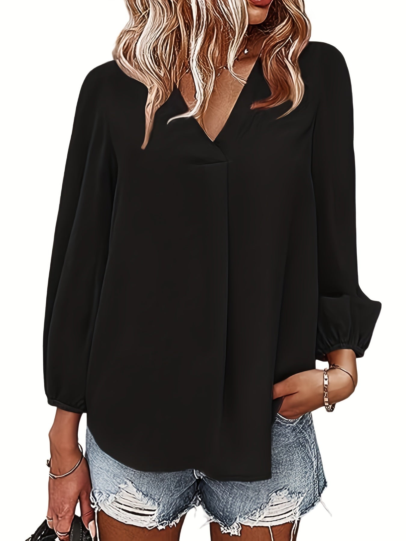 Casual Blouse: Solid Lantern Sleeve V Neck Top