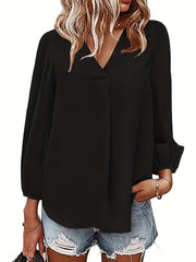 Casual Blouse: Solid Lantern Sleeve V Neck Top