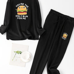 Cartoon Hamburger Print Long Sleeve Fleece Top & Joggers Pajamas Set