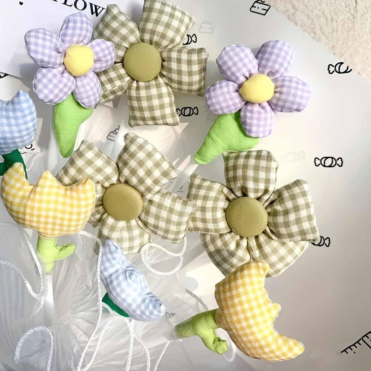 7pcs Green Floral Quilted Cotton Fabric DIY Patched Sewing Clip Flower Cloth