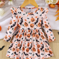 Halloween Toddler Baby Girls Pleated Dress Pumpkin Dresses Kids Fall Clothes
