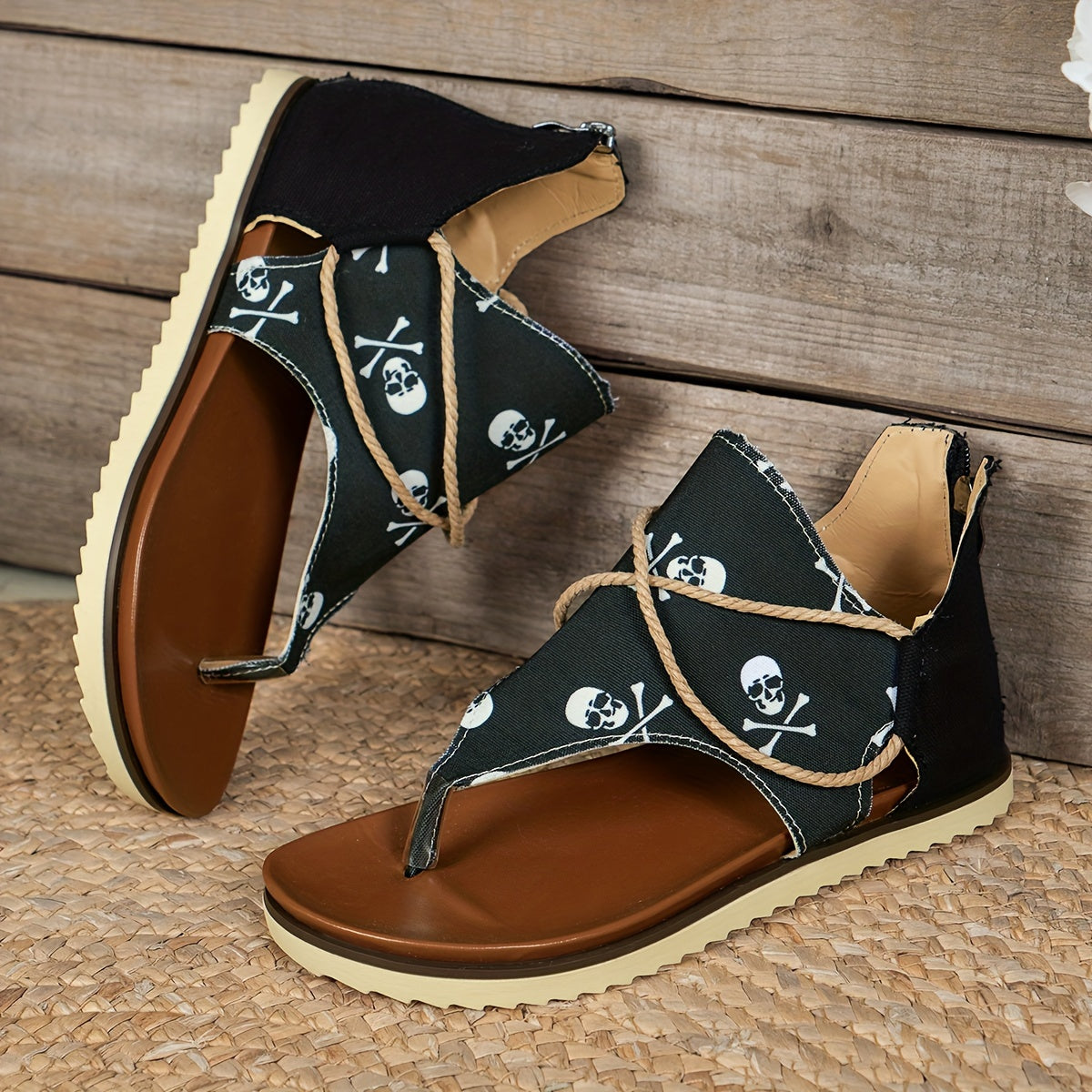 Skull Pattern Zipper Back Thong Sandals Open Toe Summer Flat Shoes