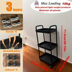 3-Layer Plastic Shelf Storage Rack with Hanging Box and Hooks