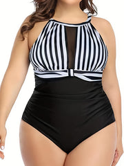 Colorblock Striped Mesh High Neck One Piece Swimsuit