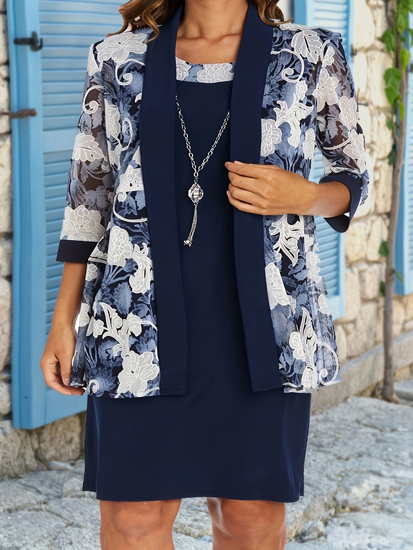 Floral Print 3/4 Sleeve Coat & Midi Dress Set