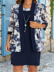 Floral Print 3/4 Sleeve Coat & Midi Dress Set