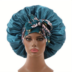 Satin Bonnet Flower Printed Lace Up Wide Headband Hair Bonnet