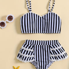 Girls Striped Cami Top & Mid Stretch Shorts Bikini Tankini Swimsuit Set