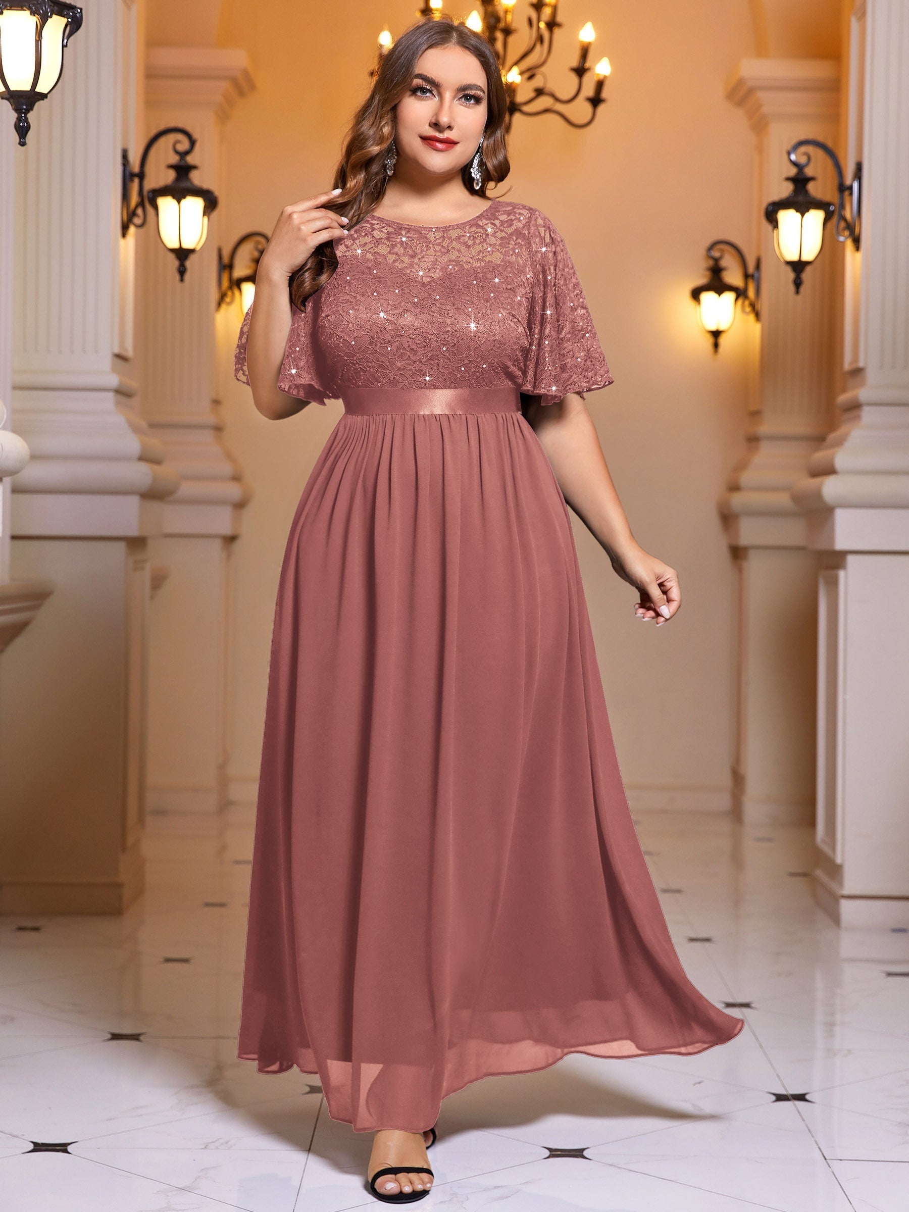 Sequin Lace Flutter Sleeve Maxi Bridesmaid Dress
