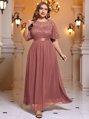 Sequin Lace Flutter Sleeve Maxi Bridesmaid Dress