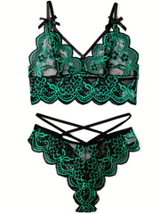Floral Lace Lingerie Set - Sexy Bra & Cut Out Panties