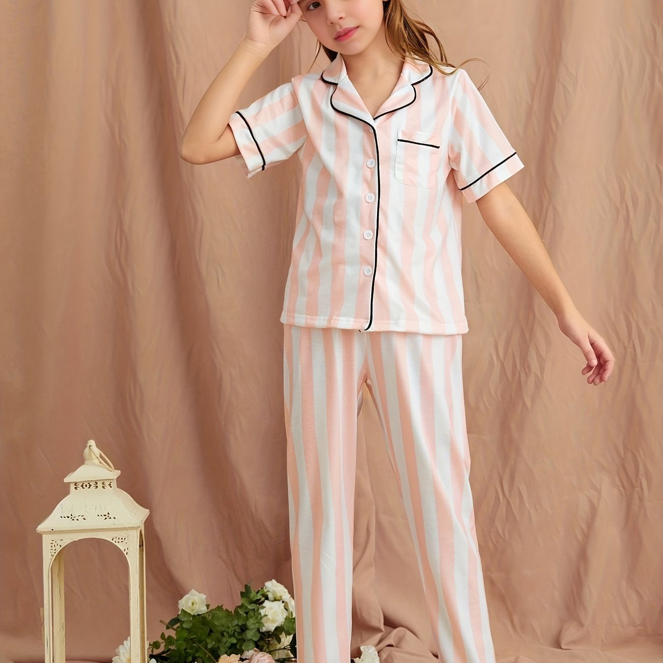 Kids Pajamas Striped V Neck Shirt & Pants Loungewear Set