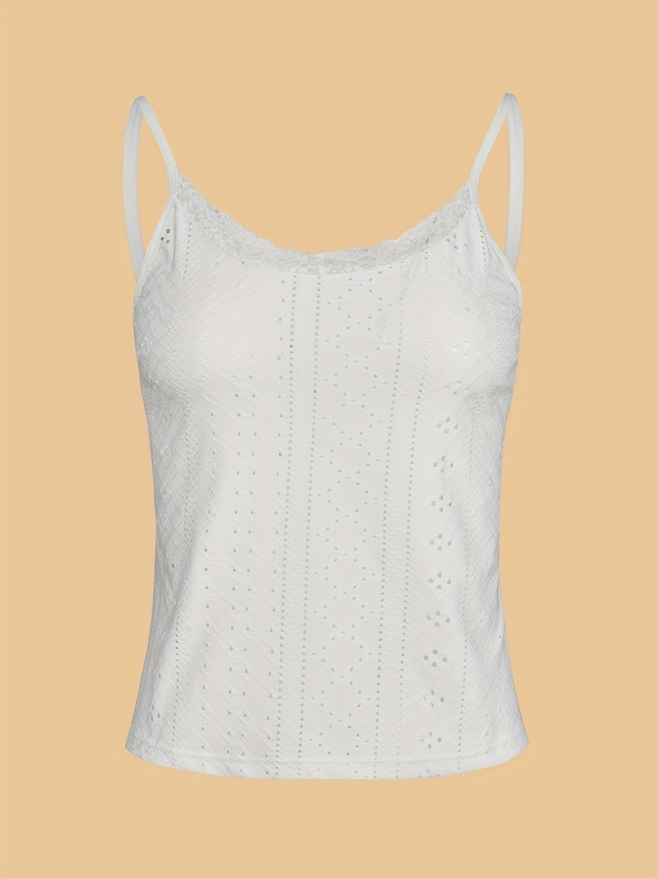 Eyelet Spaghetti Straps Cami Top with Lace Trim