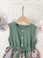 2pcs Toddler Girls Sleeveless Button Flowers Dress & Bow Straw Hat Set