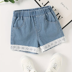 Girls' Lace Embroidery Denim Shorts for Summer