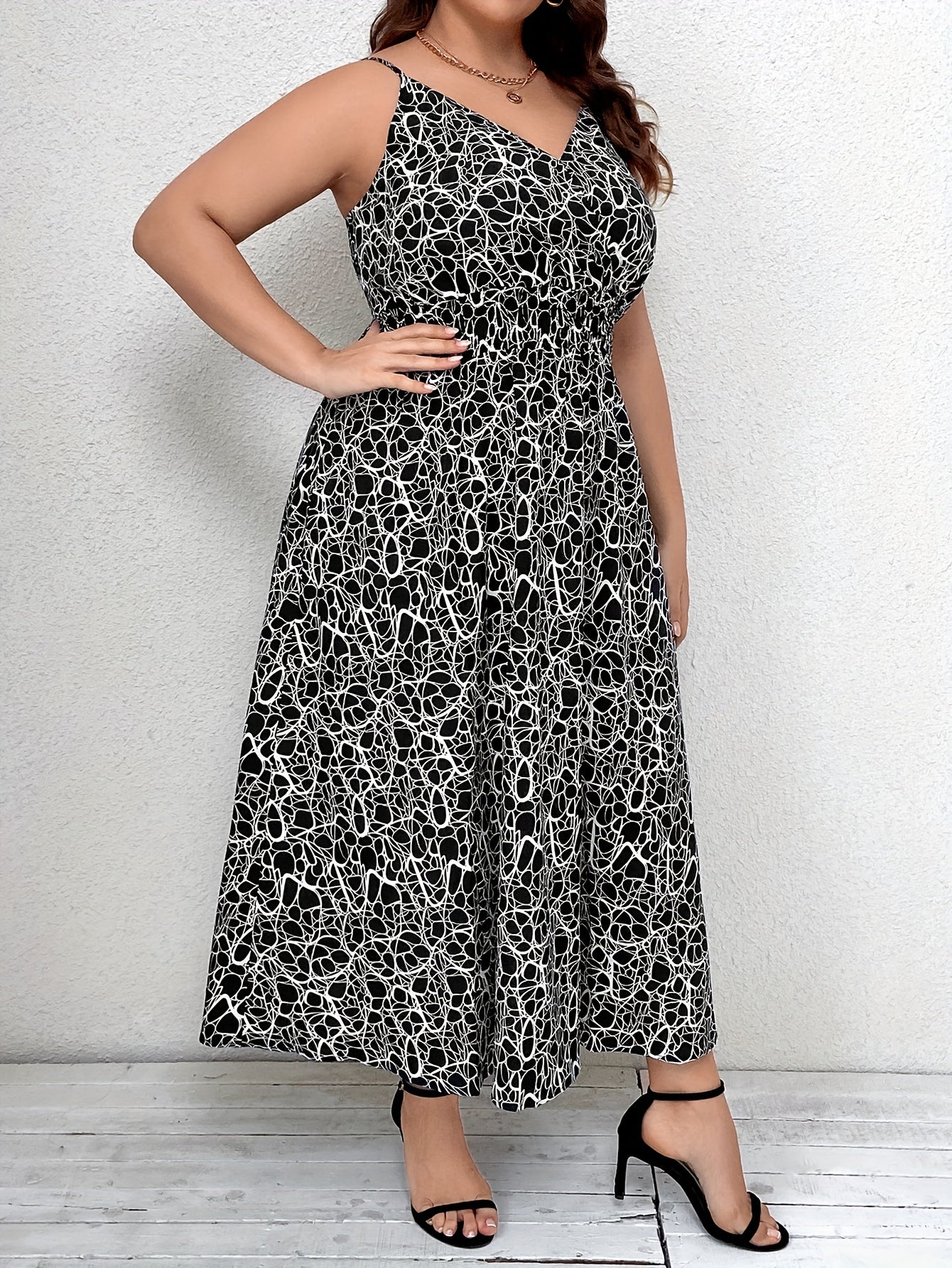 Allover Print Shirred Nipped Waist V Neck Maxi Cami Dress