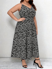 Allover Print Shirred Nipped Waist V Neck Maxi Cami Dress