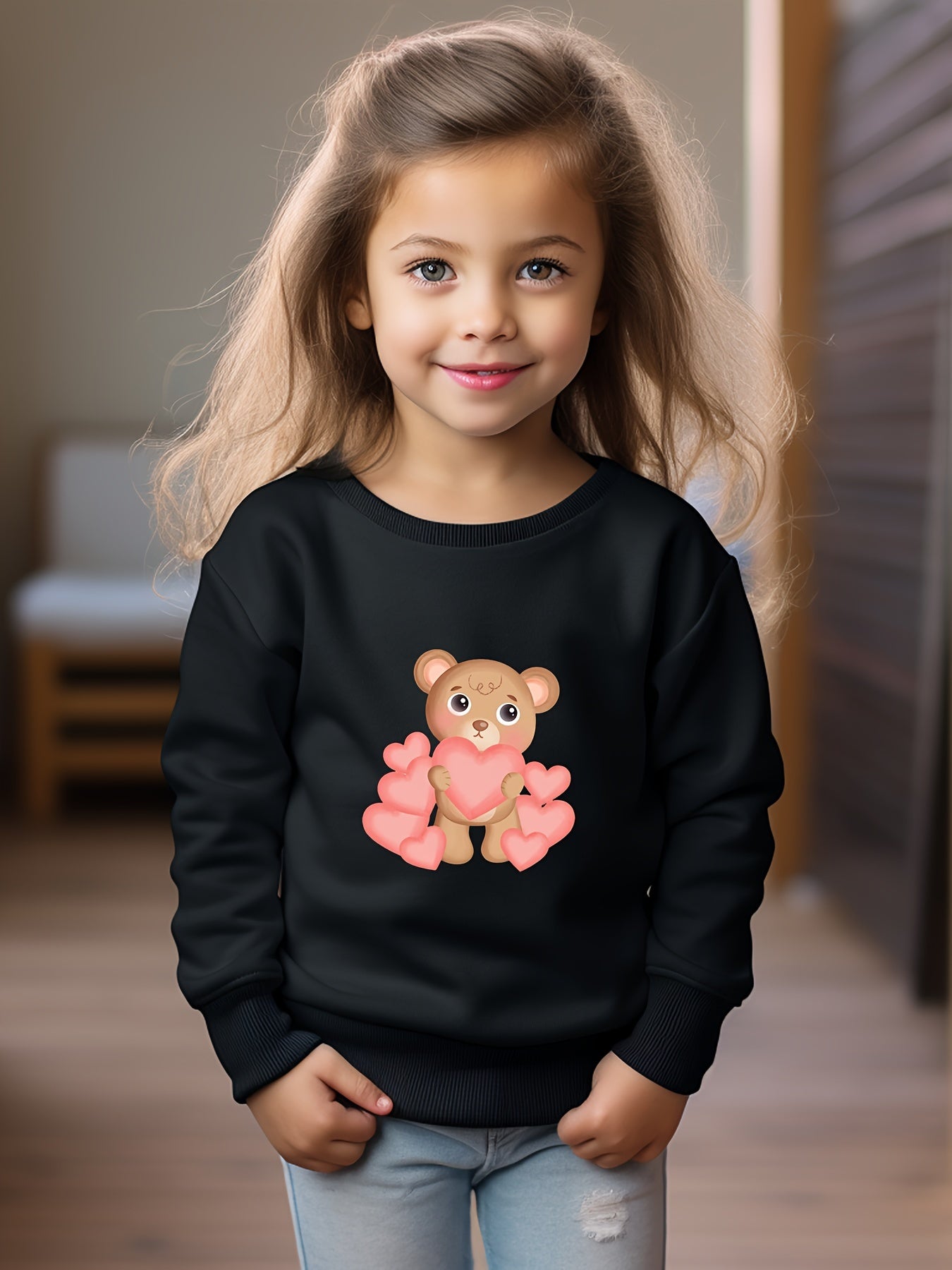 Girls Bear Pattern Crew Neck Sweatshirt For Spring Fall Christmas Gift