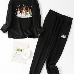 Women's Plus Christmas Tree & Snowman Fleece Pajamas Set